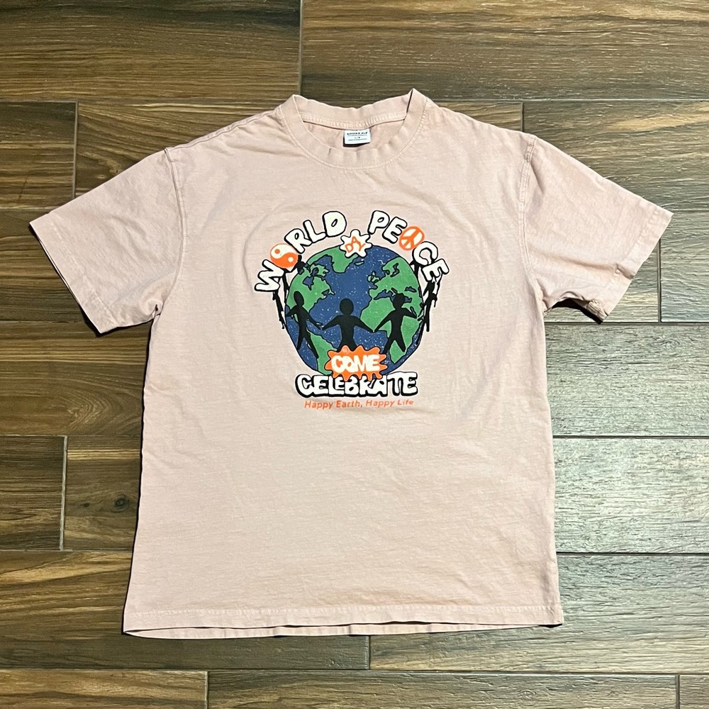 Loose Fit Beige Cotton T-Shirt World Peace Day